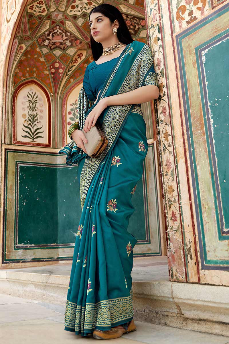 Embroidered Border Satin Georgette Saree in Teal Blue : SFVA1629