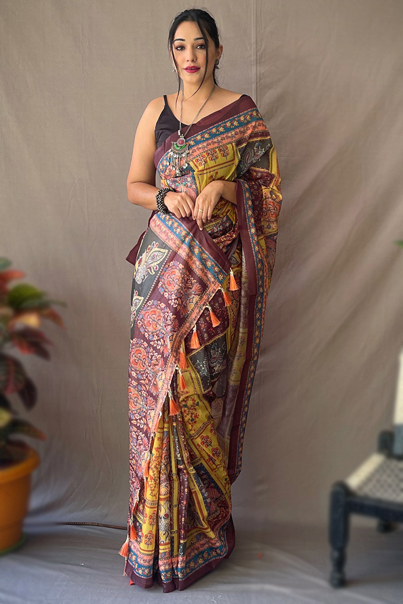 Buy Moonga Silk kota Doriya Kalamkari Printed Saree