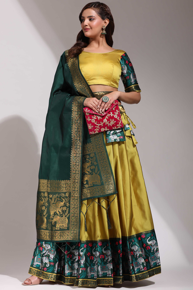 Trombone Yellow Silk Weaved A Line Lehenga 