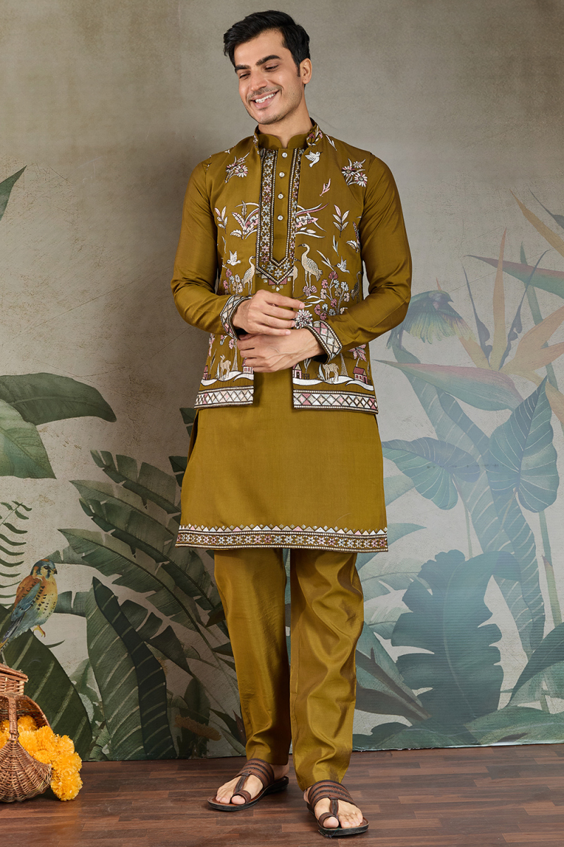 Trombone Yellow Viscose Silk Men's Kurta Pajama With Embroidered Jacket