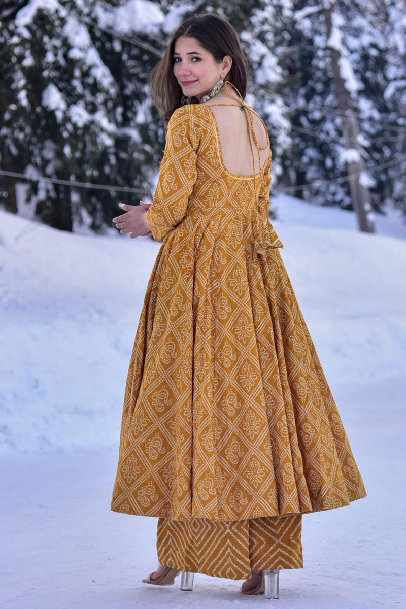 Ethnic Turmeric Yellow Cotton Silk Bandhej Printed Palazzo Suit
