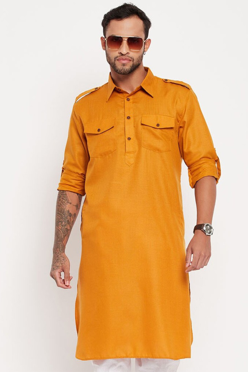 Turmeric Yellow Cotton Silk Men's Kurta Chuidar For Festival