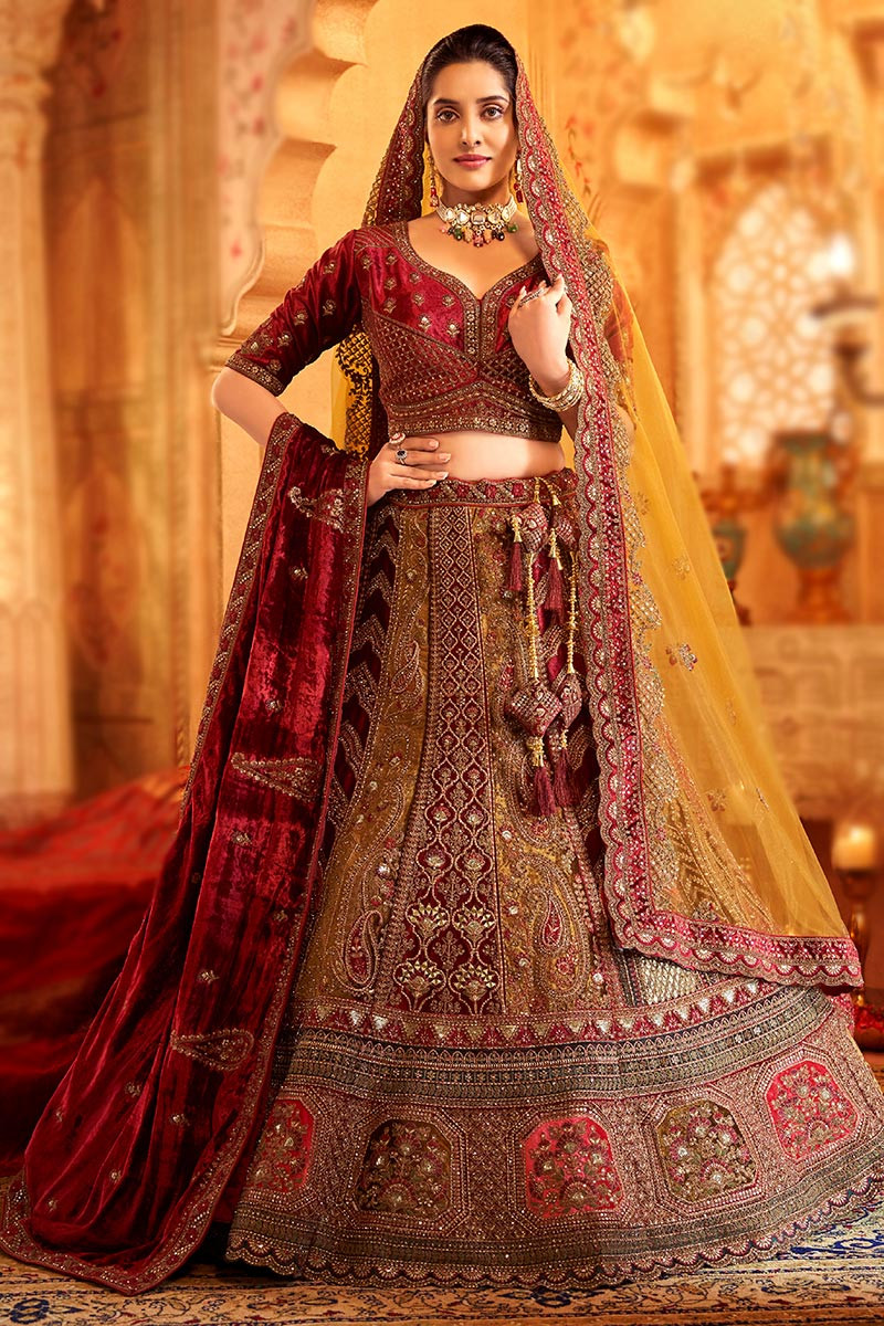 velvet red bridal lehenga choli - Bawree Fashions