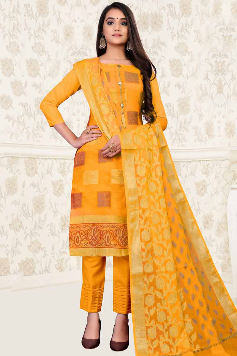 Buy Asian Suits Poly Cotton Turmeric Yellow Trouser Suit LSTV111796