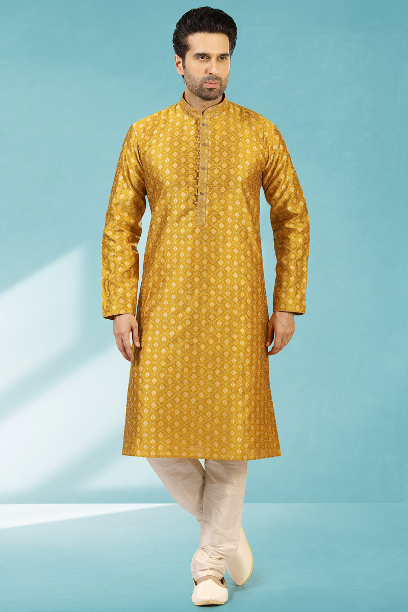Turmeric Yellow Jacquard Woven Zari Kurta Pajama