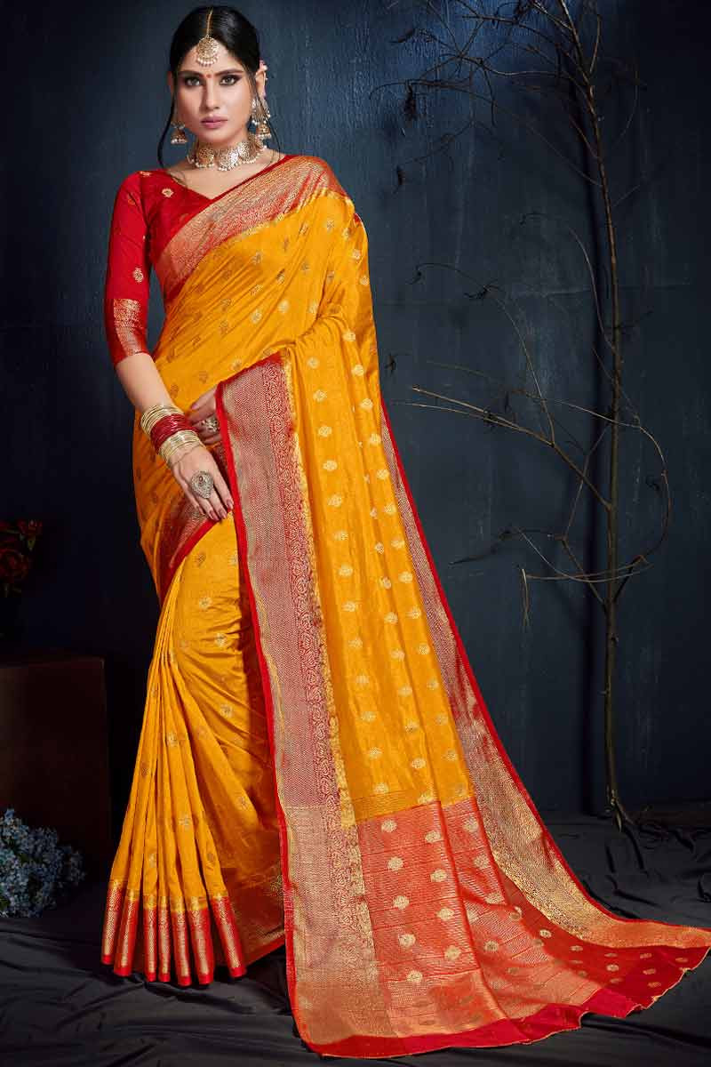 Red Paithani Silk Saree with Yellow Border Online Shopping for Bride –  Sunasa