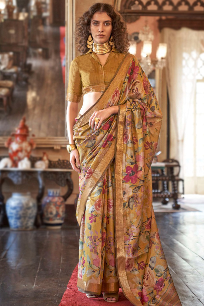 Turmeric Yellow Viscose Printed Light Weight Saree