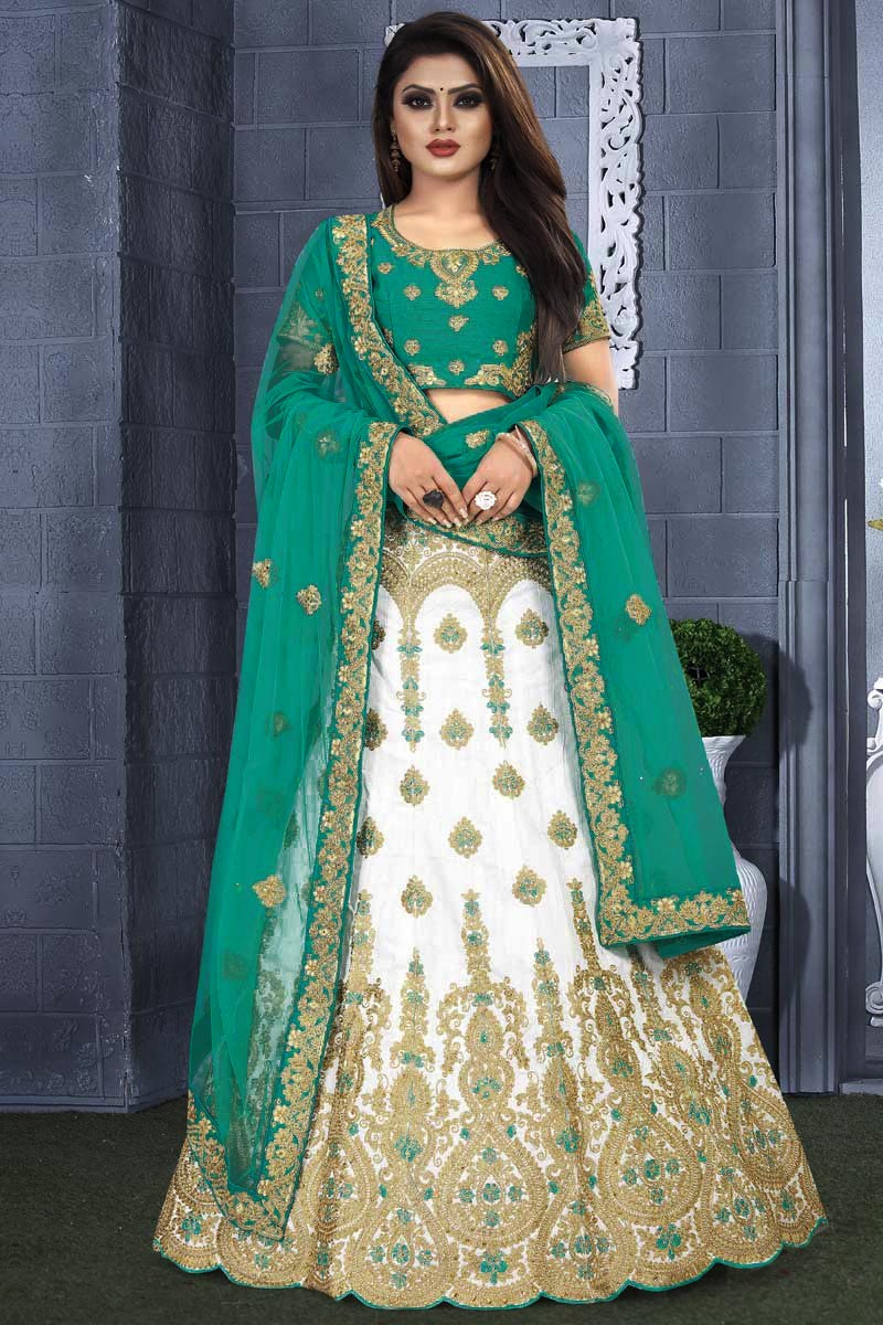Turquish Green Dupion Silk Choli with Lehenga