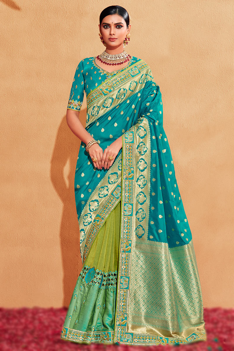 Designer Fashions Turquoise Blue And Green Half And Half Silk Saree SARV158425