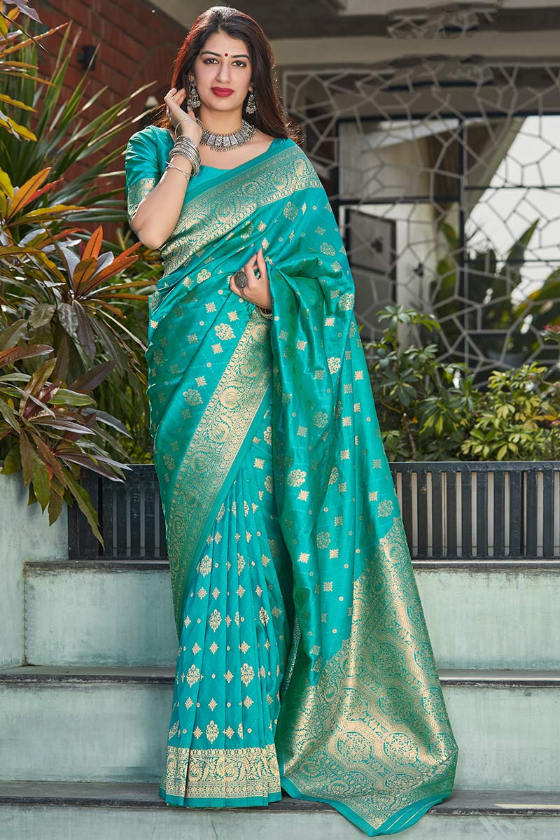 Cerulean Blue Banarasi Silk Saree With Zari Weaving – Bahuji - Premium Silk  Sarees Online Shopping Store