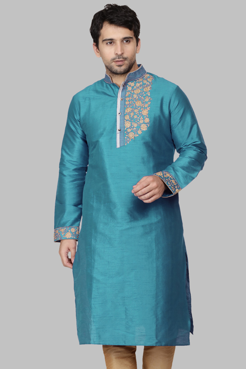 Turquoise Blue Dupion Silk Dori Embroidered Straight Cut Kurta