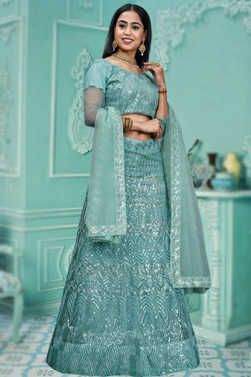 Turquoise Blue Net Embroidered Panelled Style Lehenga