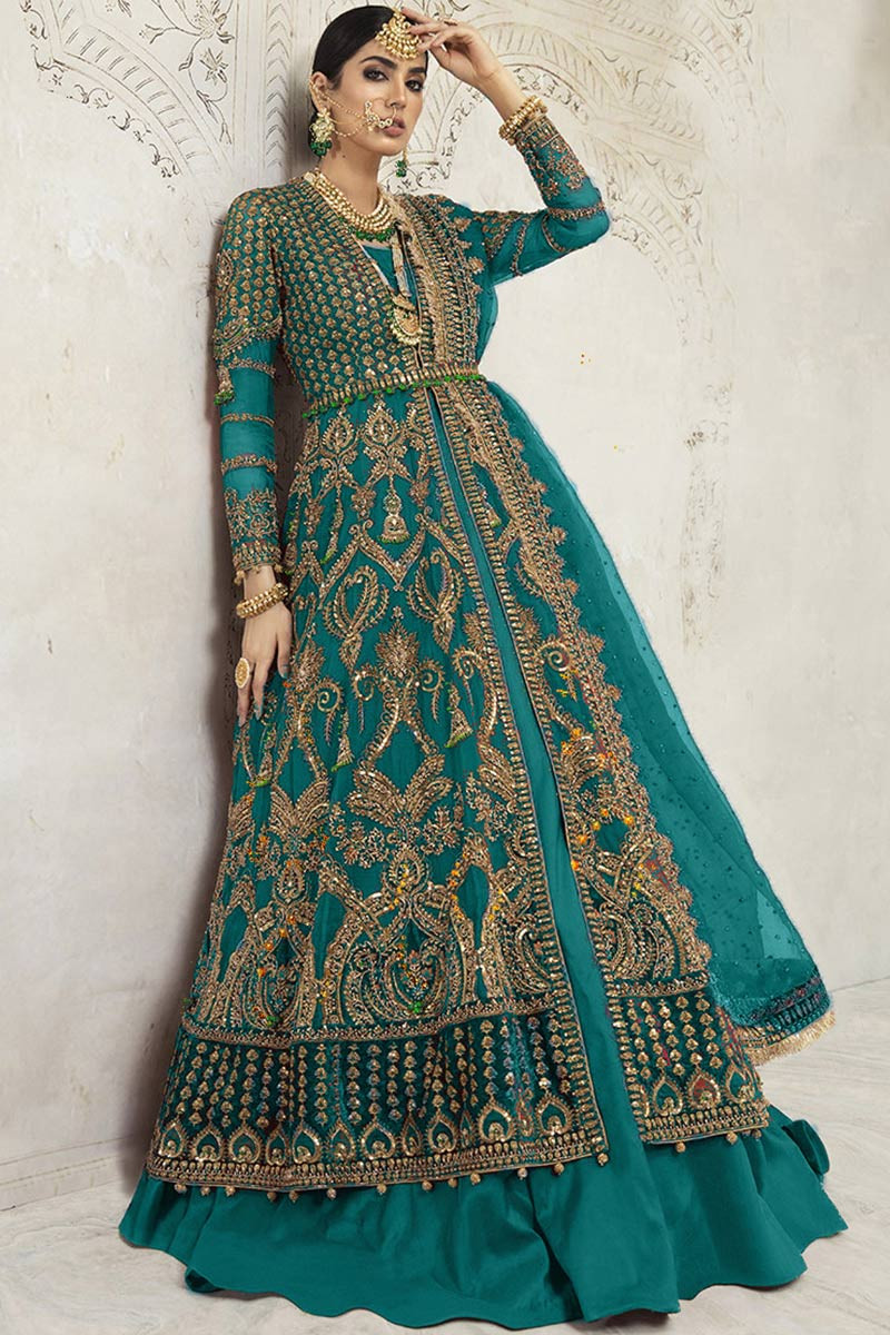 Turquoise anarkali suit cheap