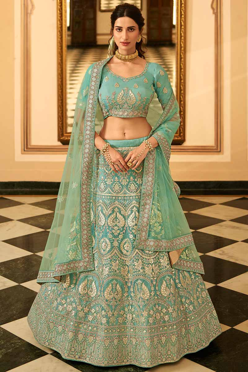 Turquoise Blue Organza A-Line Wedding Lehenga