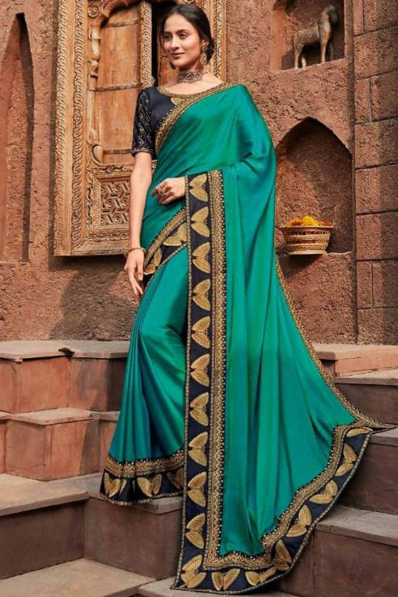 Turquoise Cotton Silk Saree With Golden Border
