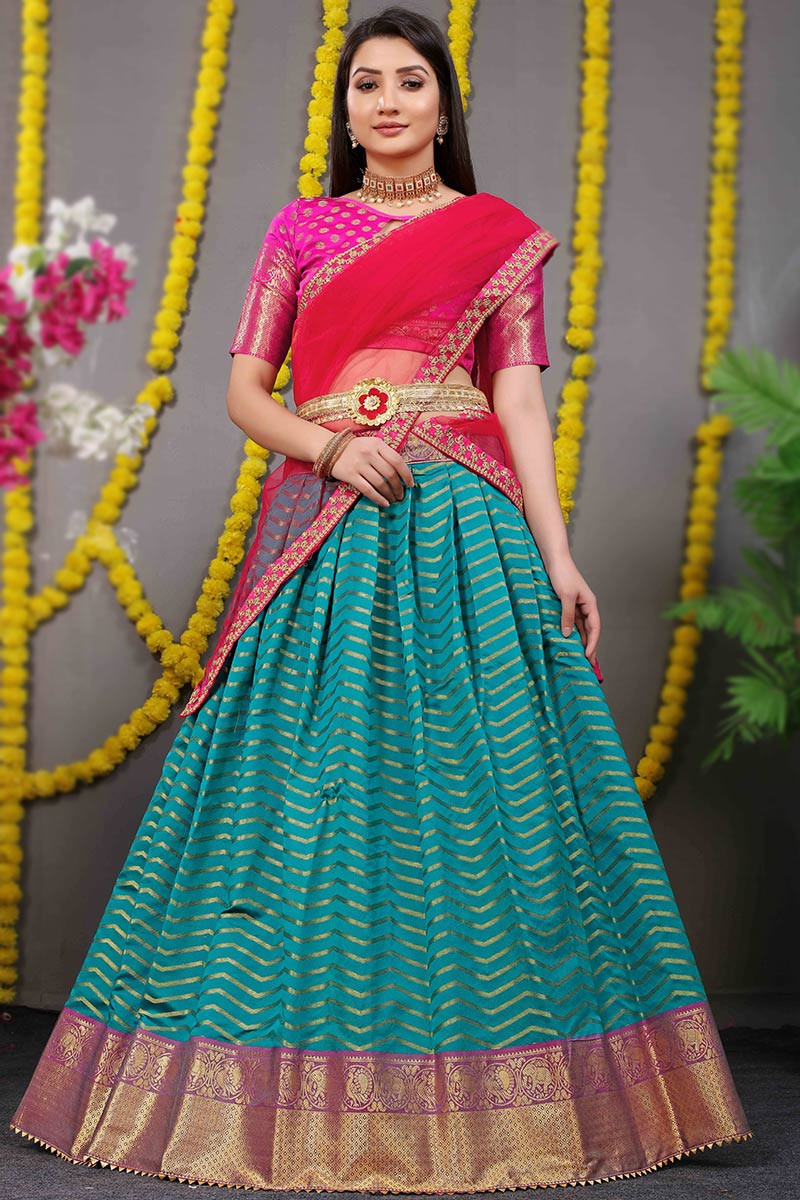 Trending | $258 - $387 - Turquoise A Line Banarasi Silk Floral Patch Lehenga  Choli and Turquoise A Line Banarasi Silk Floral Patch Chaniya Choli Online  Shopping