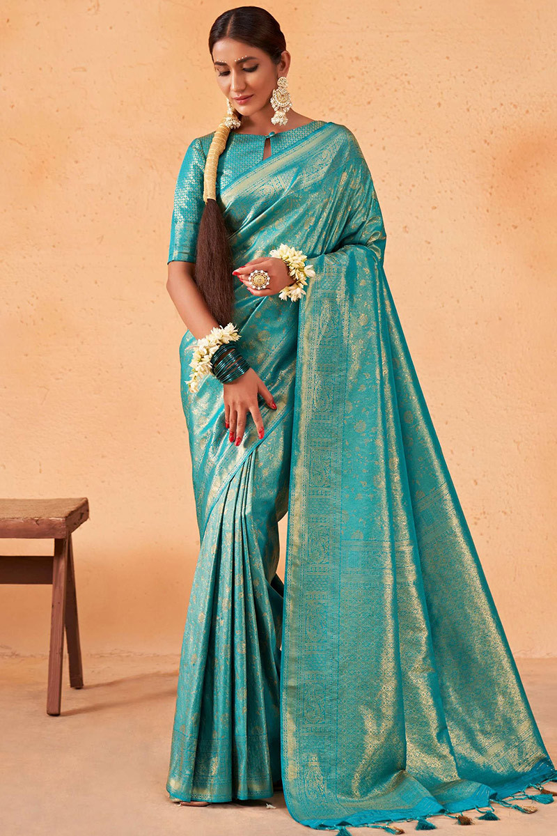 Silk Turquoise Blue Zari Embroidered Saree for Party