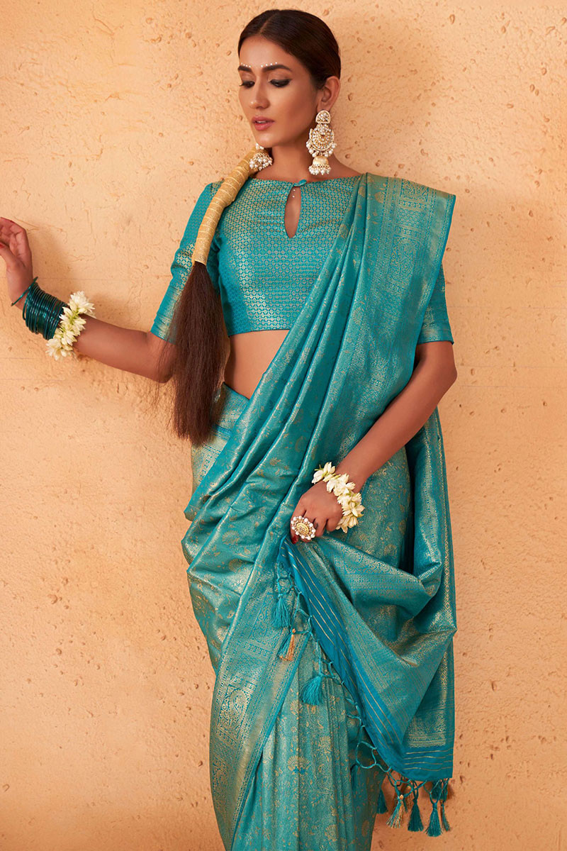 Silk Turquoise Blue Zari Embroidered Saree for Party