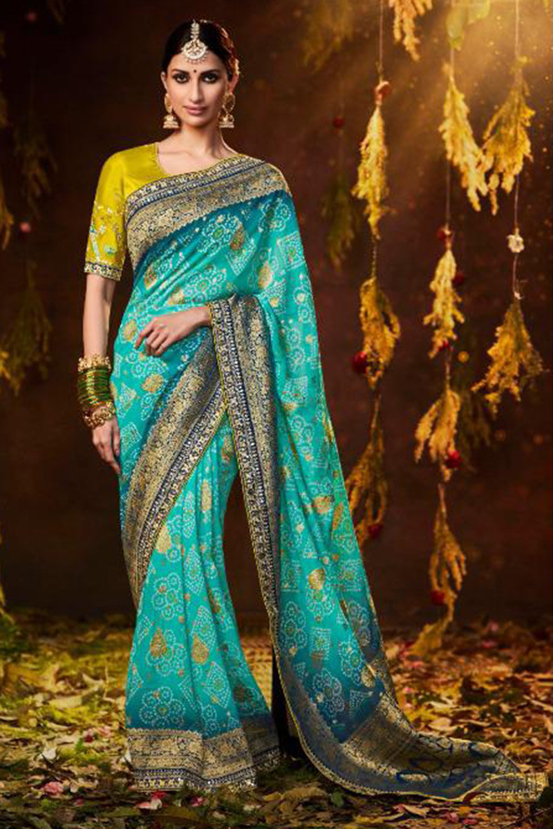 Turquoise Blue Woven Zari Silk Bandhej Saree SARV168375