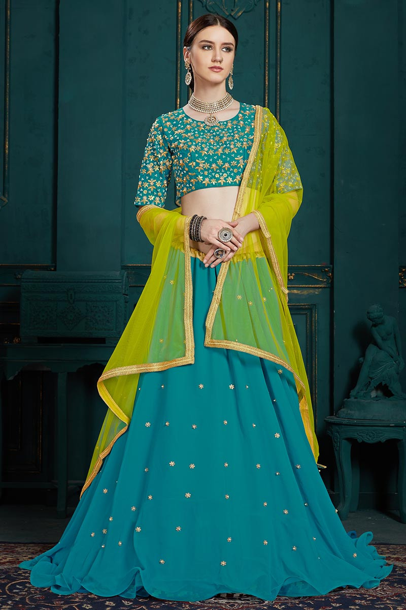 Buy Turquoise Sequins Net Festival Wear Lehenga Choli From Ethnic Plus