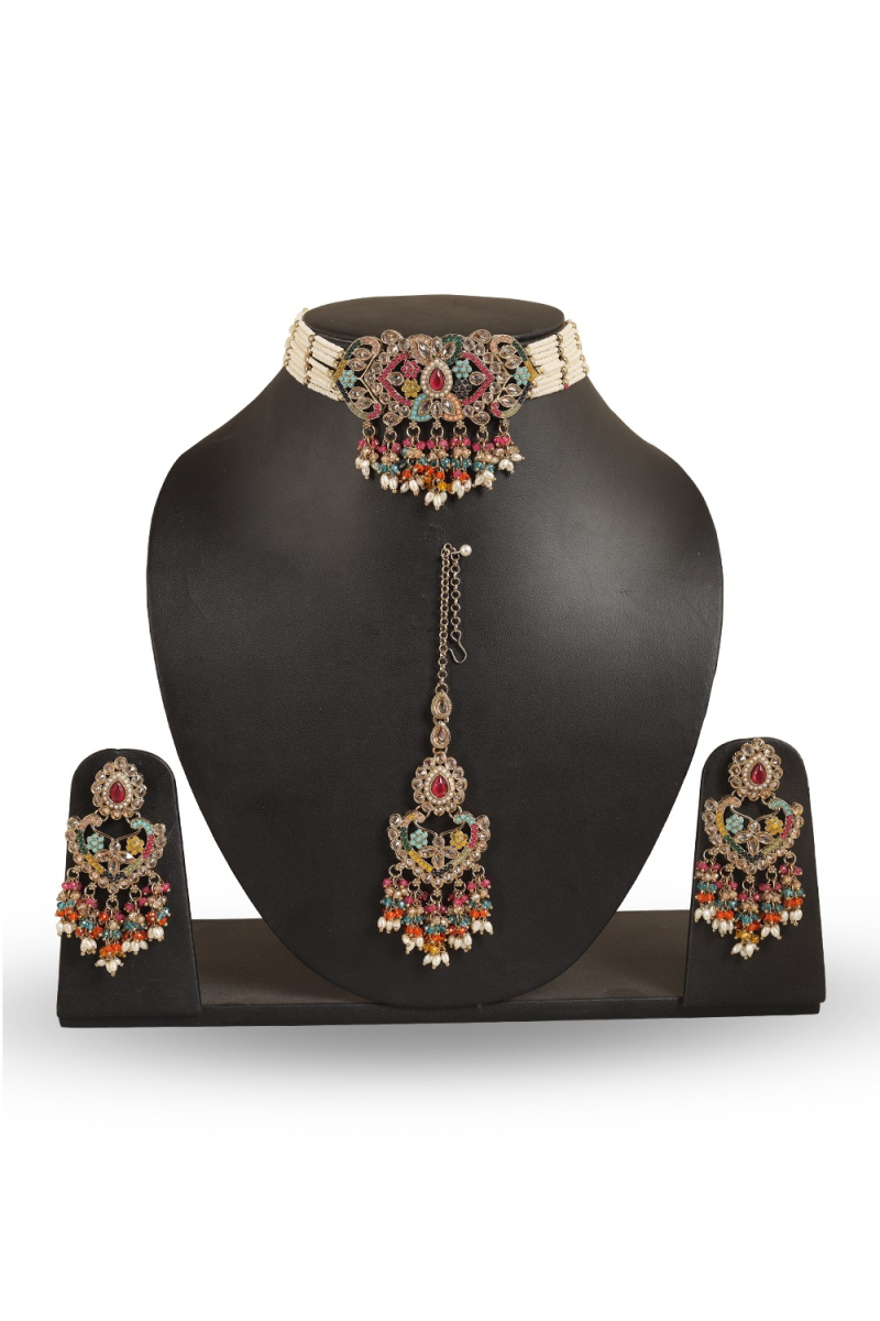 Multicolor Beaded Bridal Choker Set with Kundan Motif