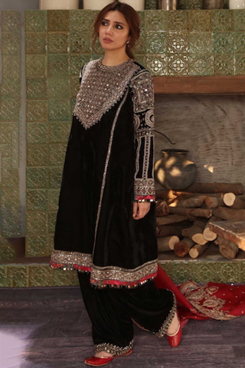 Velvet Black Beads Embroidered A- Line Palazzo Suit 