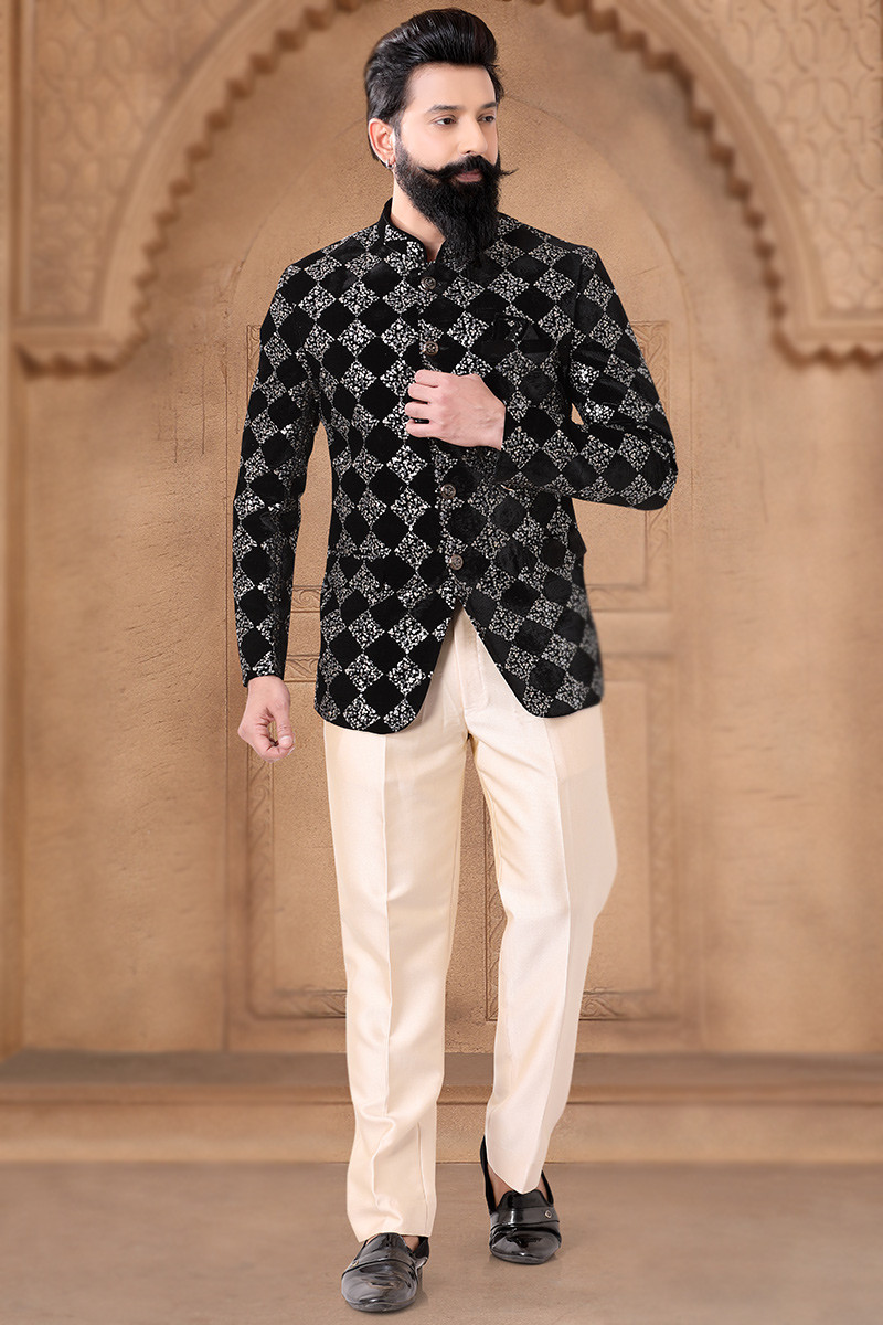 Velvet Black Embroidered Jodhpuri Style Men s Sherwani MSTV03845