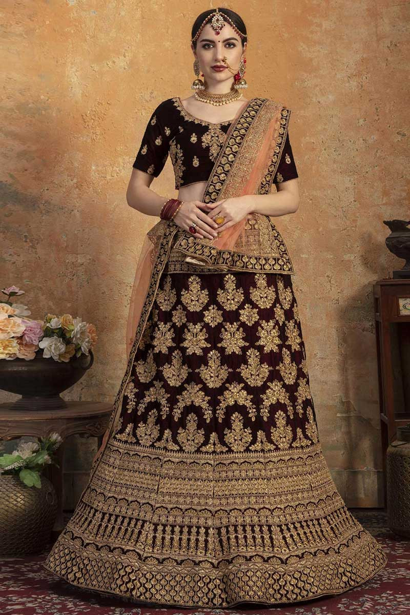 Dark maroon velvet bridal lehenga online