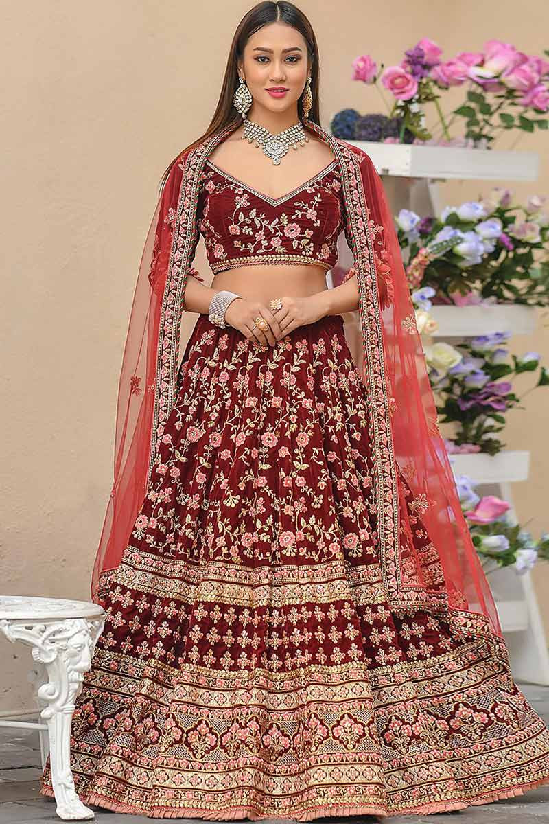 velvet bridal lehenga choli in wine red colour llcv01436 1