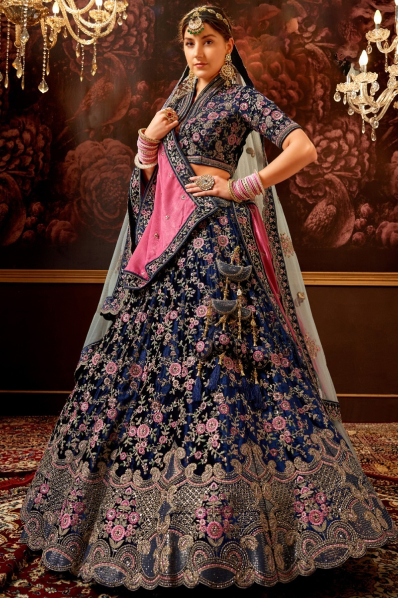 Velvet Dark Blue Panelled Style Embroidered Lehenga