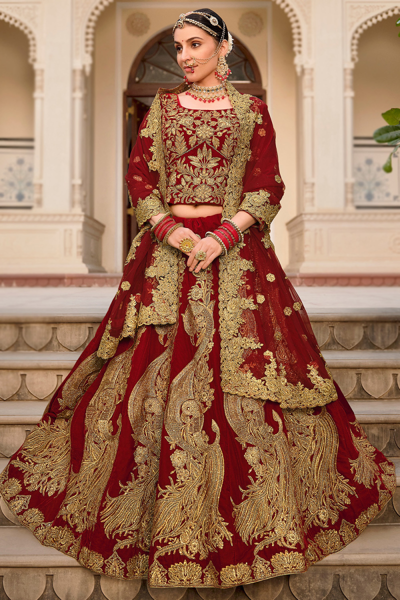 Velvet Deep Red Zari Embroidered Panelled Lehenga 