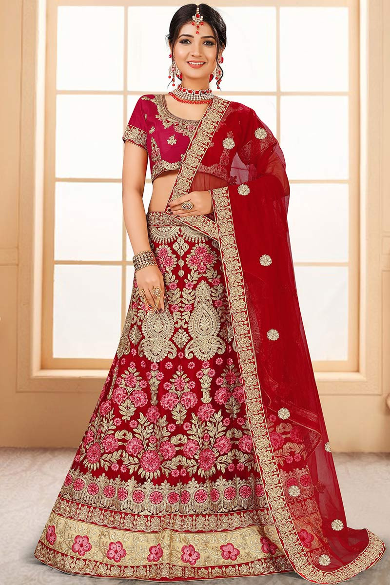 Buy Red Silk Embroidered, Sequins, Thread and Zari Work Lehenga Choli for Bridal  Online : 278026 -