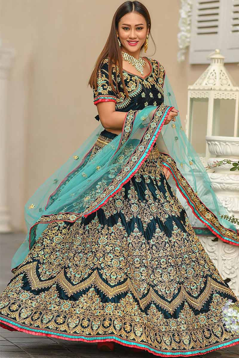 Marvellous Peacock Rama Blue Dual Sequins and Thread Embroidered Bridal Net  Semi Stitched Lehenga choli - MEGHALYA - 3898179