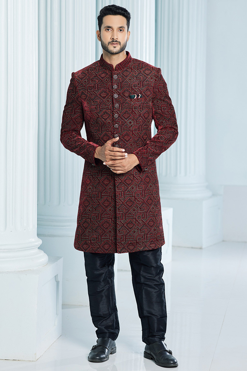 Maroon velvet sherwani for groom cheap