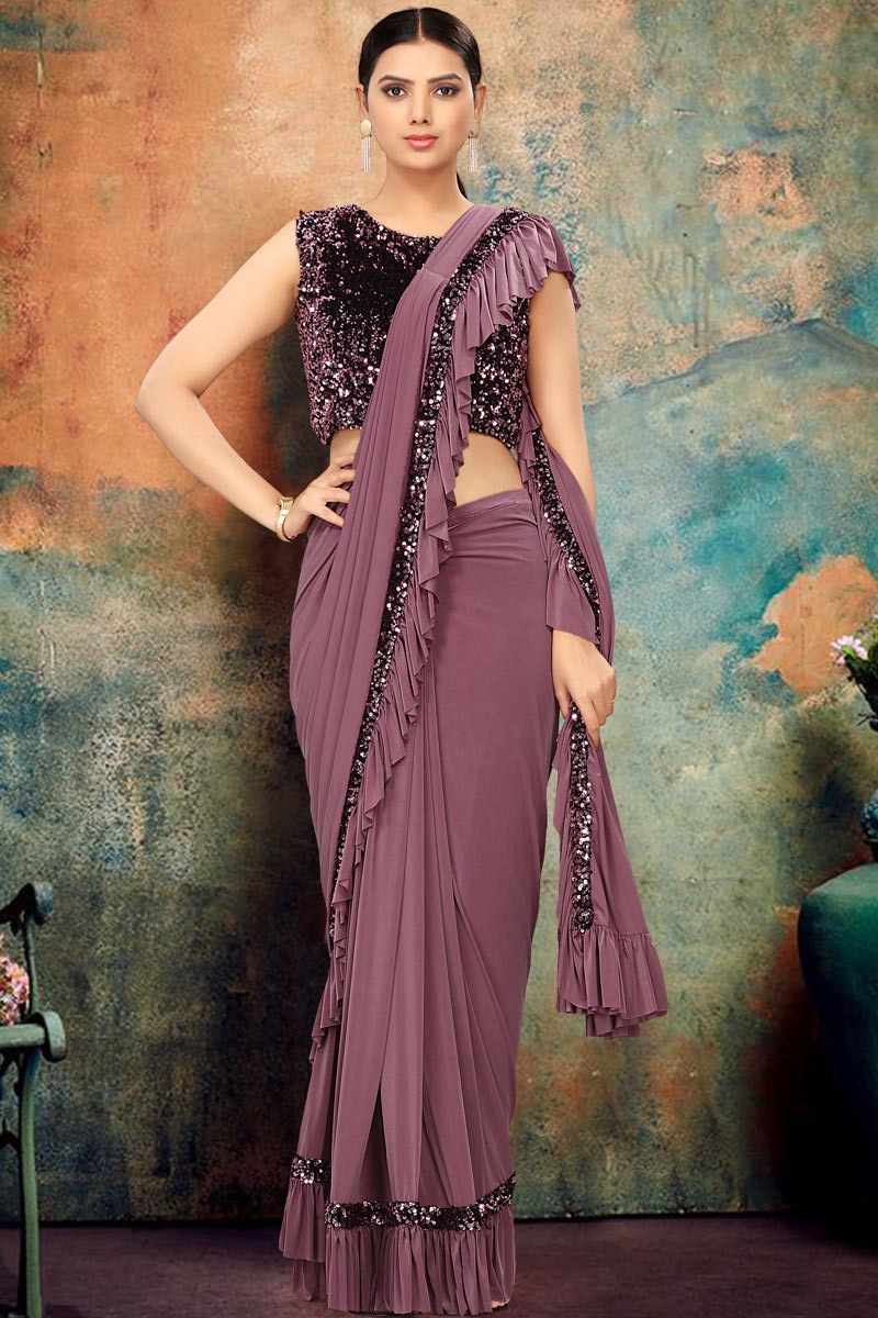 Wine Colour Saree Sari With Stitched Blouse Indian Designer Saree Ready To  Wear Indian Wedding Wear