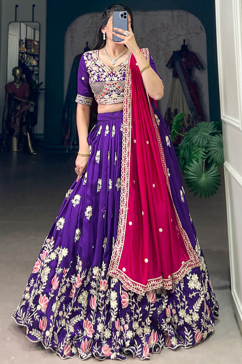 Violet Purple Silk Blend Lehenga With Zari Work For Diwali