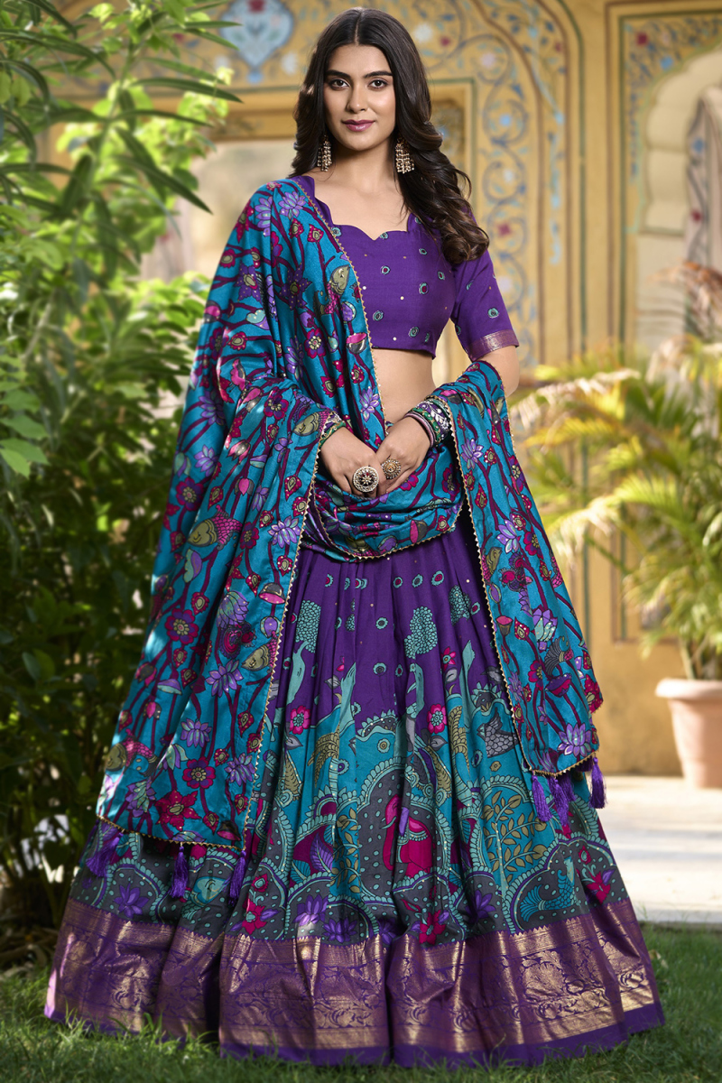 Violet Purple Tussar Silk Foil Printed Flared Style Lehenga