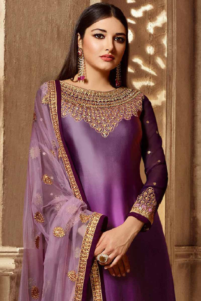 Buy Violet Silk Churidar Suit With Resham Embroidered Online