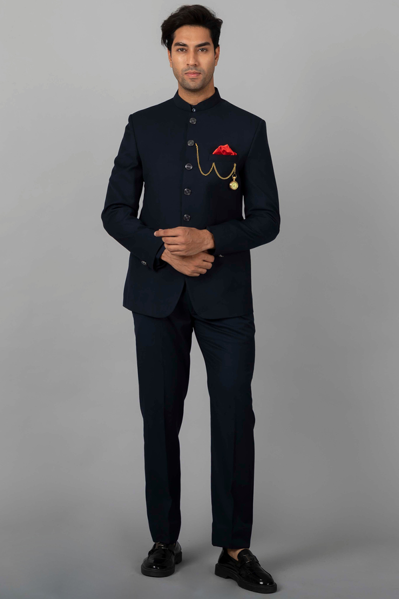 Viscose Jodhpuri Style Plain Men's Navy Blue Coat Pant