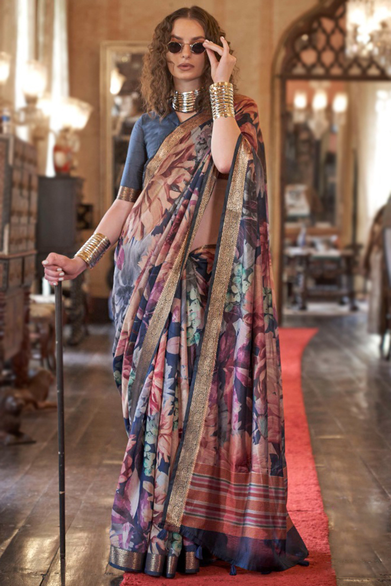 Viscose Navy Blue Printed Casual Wear Saree