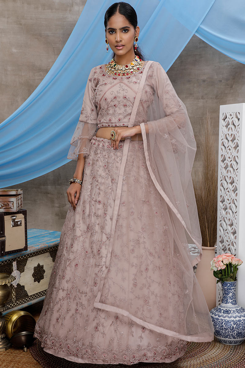 Buy Sky Dusty Pink Georgette Embroidered Party Wear Lehenga Choli Online