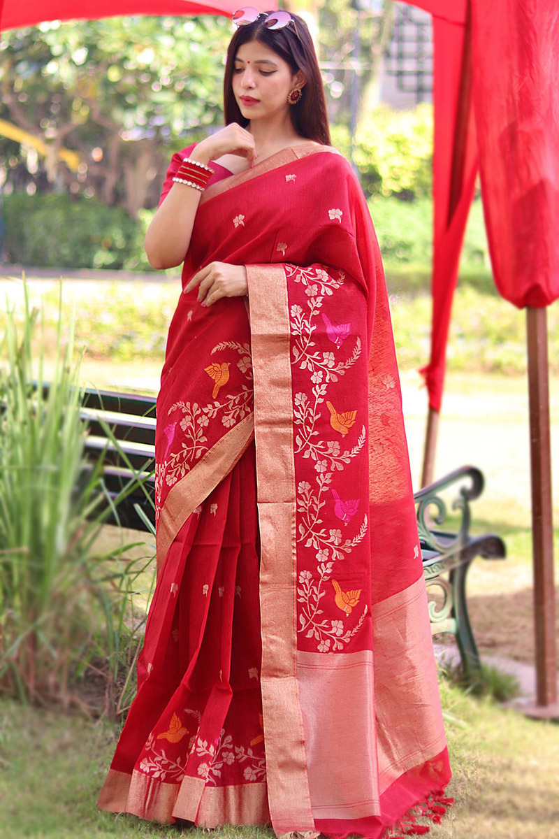 Weaved Cherry Red Linen Light Weight Saree