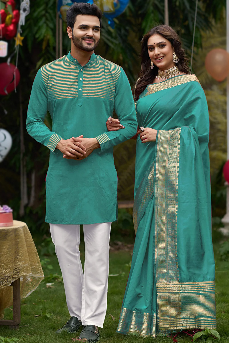 Weaved Pear Green Organza And Silk Couple's Outfit |SARV168331