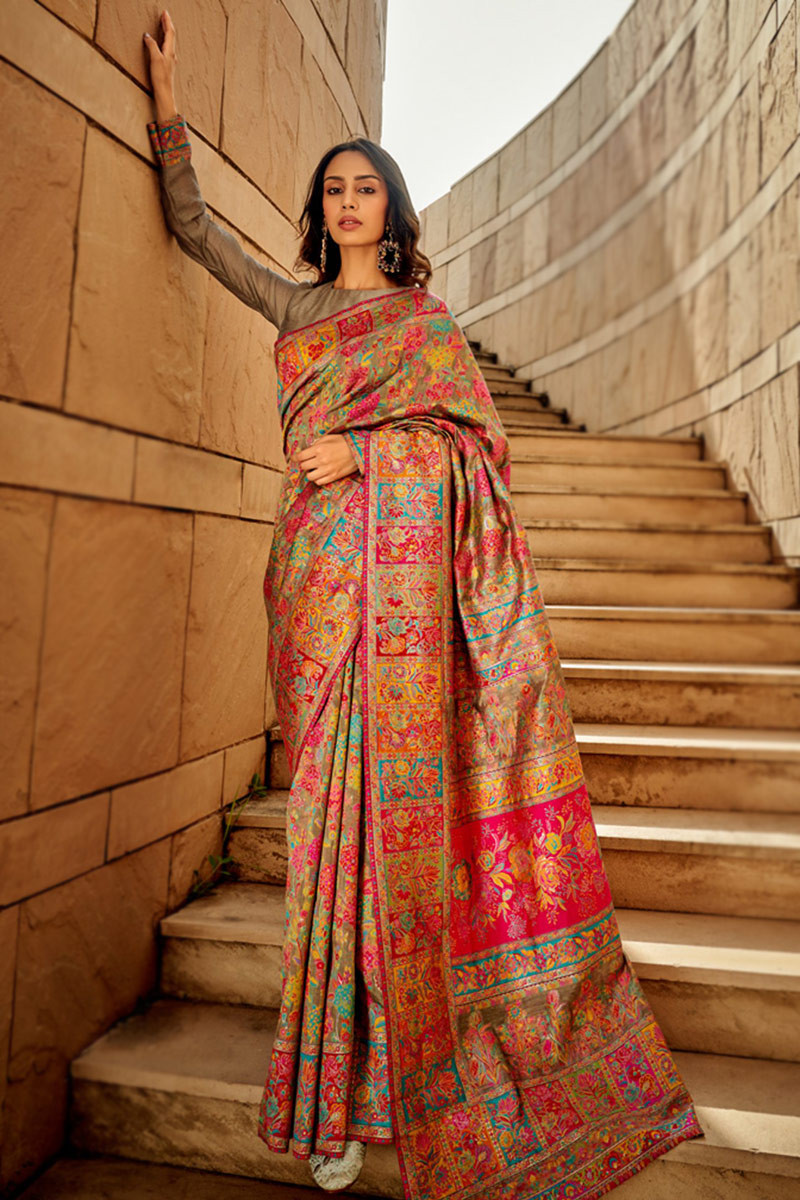 ファッション Silk Cotton Thread Weaved Grey Saree Weight Light Beige その他