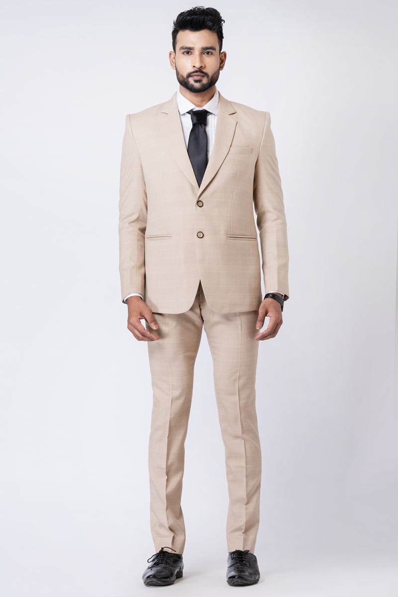 Weaved Thread Men's Poly Cotton Light Beige Tuxedo Set
