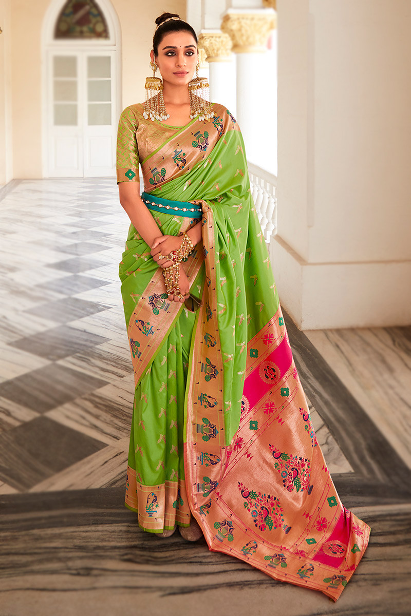 Green Paithani Silk Handwoven Bridal Saree – Sunasa