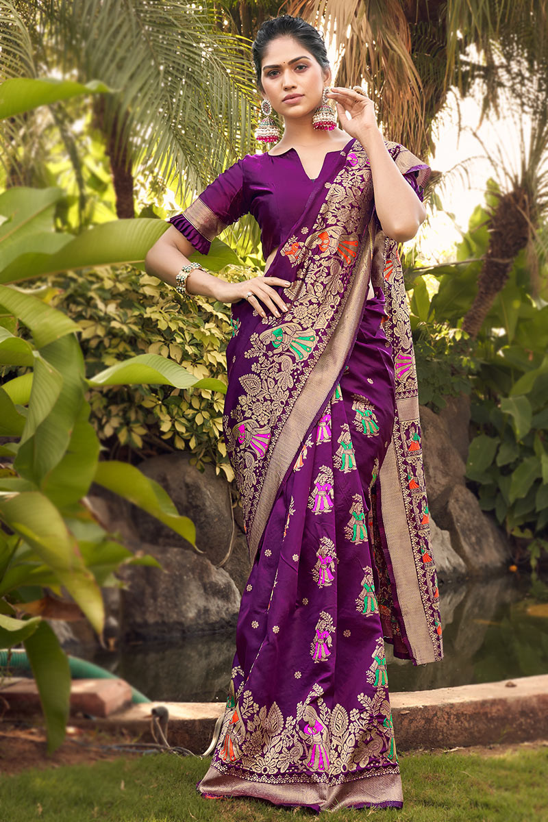 Zari Work Wedding Wear Saree in Plum Purple Silk|SARV155875