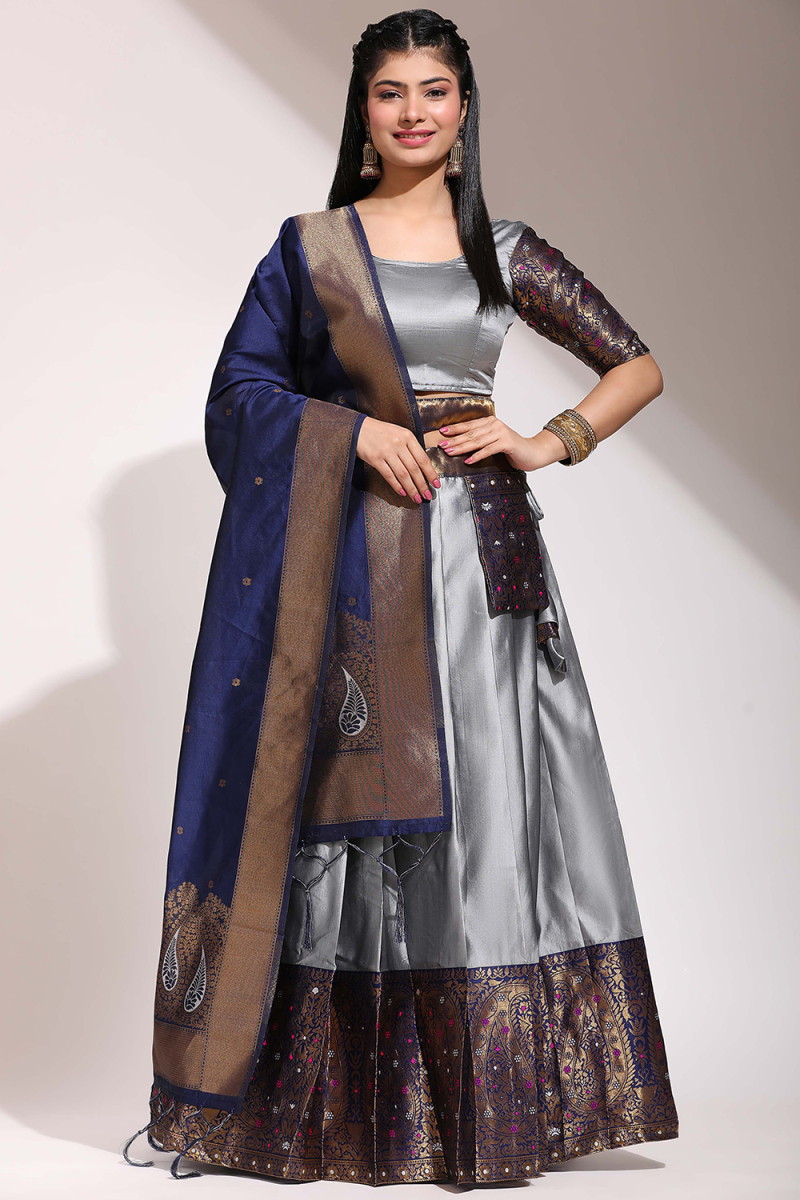 Weaved With Thread And Zari Silk Light Grey Flared Style Lehenga