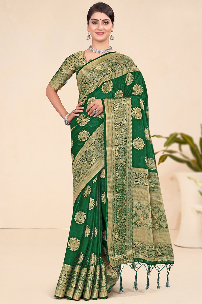 Weaved Zari Dark Green Broad Border Viscose Saree 