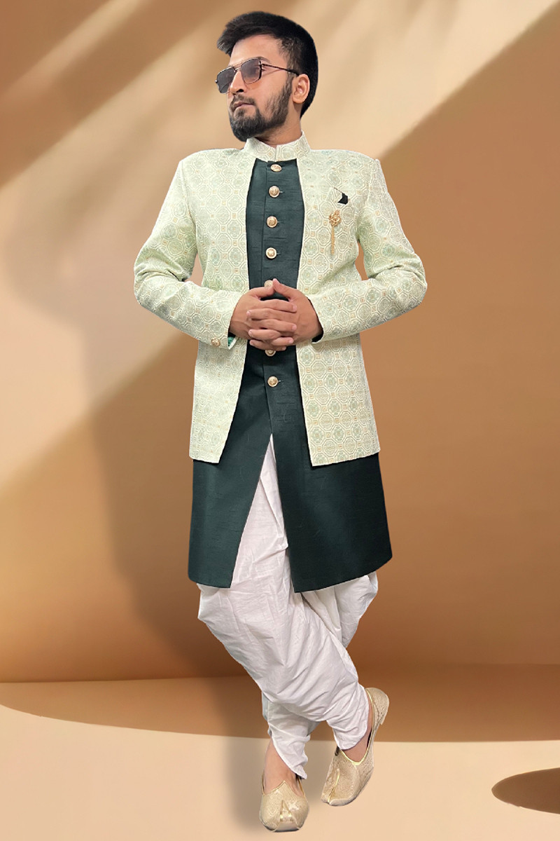 Weaved Zari Dark Green Silk Jacket Style Men s Sherwani MSTV03277